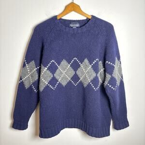 Britches Great Outdoors Men 100% Wool Sweater Size XL X-Large Argyle Navy Blue
